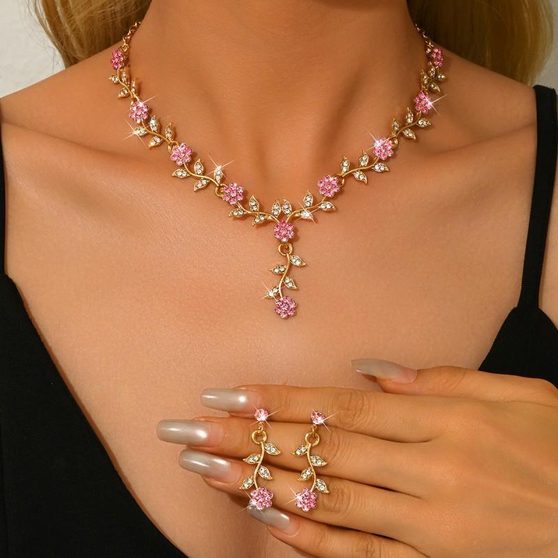Floral Necklace Earrings Set Women - Gold Plated Alloy Jewelry With Rhinestone Accents Sweet Fashion Wedding Accessory
