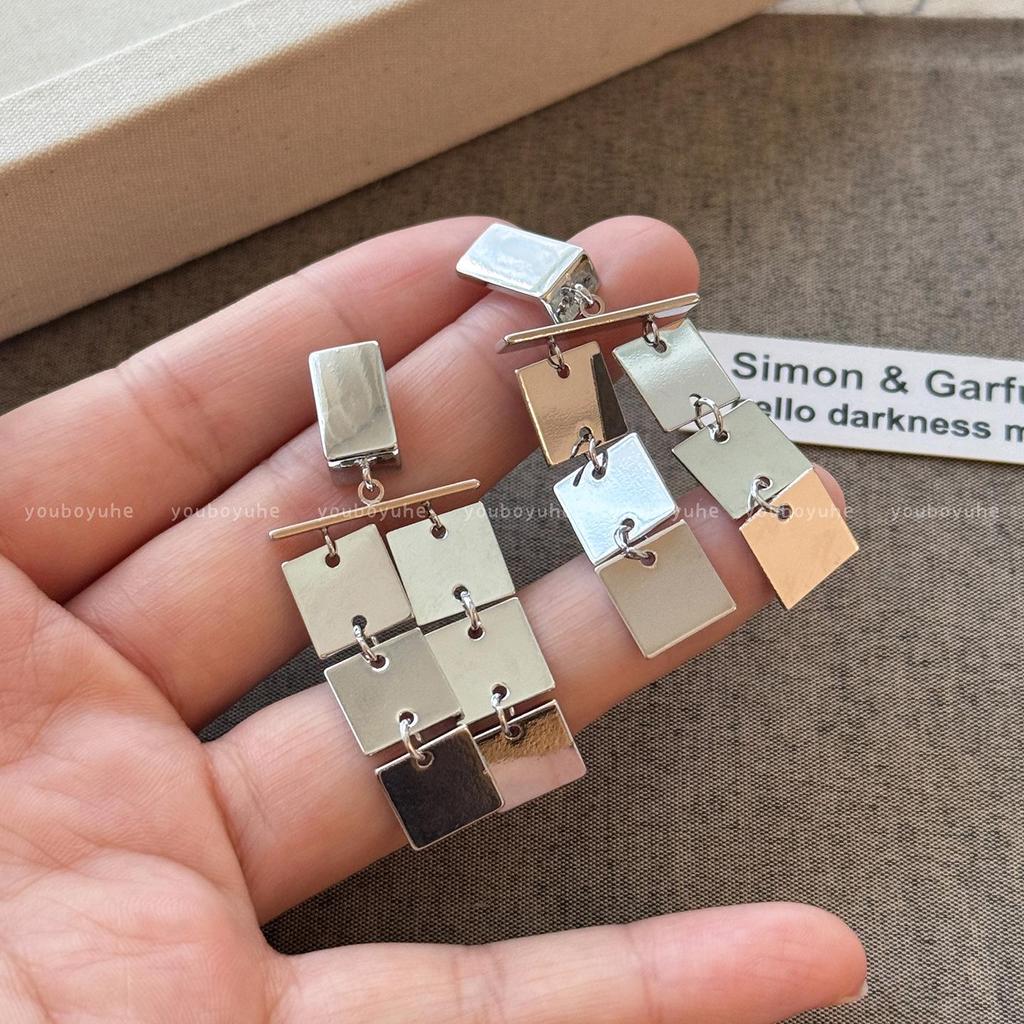 Silver Square Metal Tassel Earrings: Heavy-Duty, High-End Studs for Women, New 2025 Edition