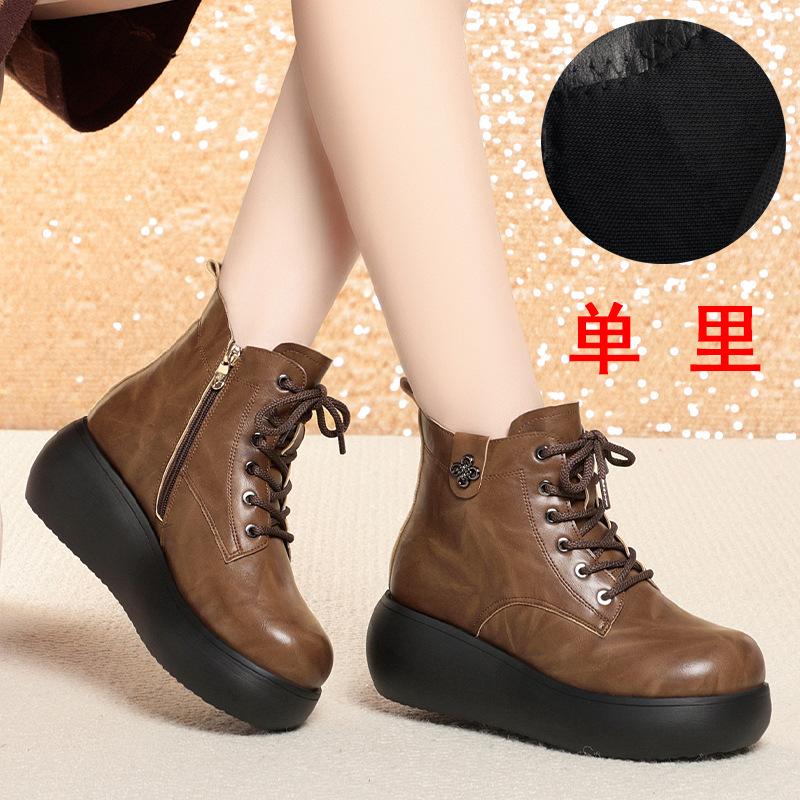 6cm Comfortable Thick Bottom Platform Shoes Soft Leather Boots Winter 2025 Med Heels Wedges Short Fur Snow Ankle Boots for Mom