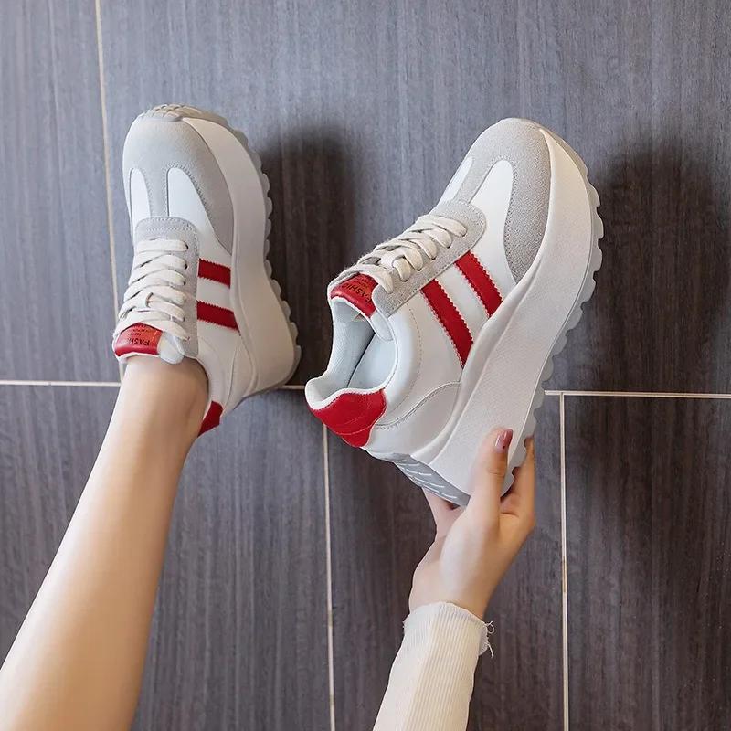 Top Quality 8cm Genuine Leather Platform Wedge Women Spring Autumn Chunky Sneakers Shoes Breathable Comfortable Vulcanize Boots