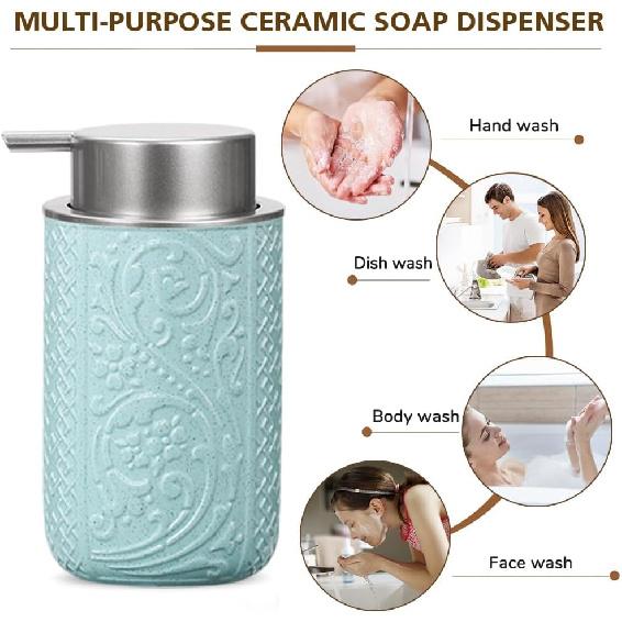 Ceramic Bathroom Foam Soap Dispenser with Silver Pump, Refillable Lotion Dispenser, Blue