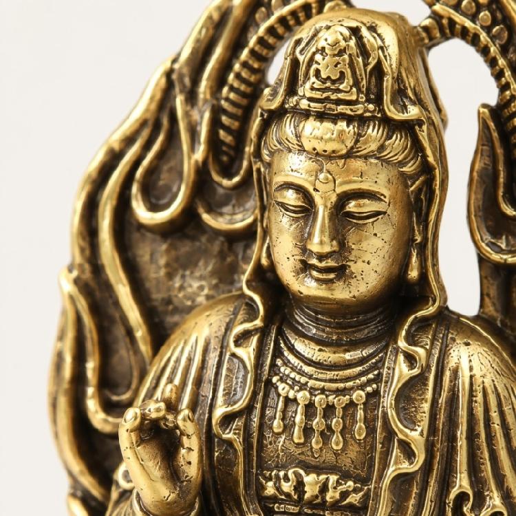 Metal Bodhisattva Sculpture with Aged Finish and Integrated Round Base for Desk, Windowsill, Tea Table, Entryway, or Shelf Placement