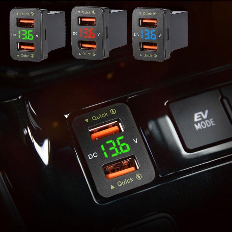 Dual USB Automotive Charger QC3.0 Phone Fast Charge Automatic Adapter LED Voltmeter Socket  12-24V
