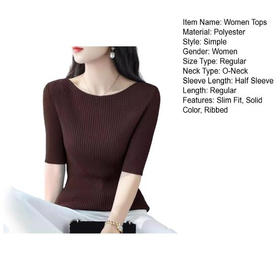 Dámské topy Slim Fit Jednobarevné Žebrované Tričko Kulatý Výstřih Poloviční Rukáv Elastický Pulovr Topy Pro Každodenní Nošení