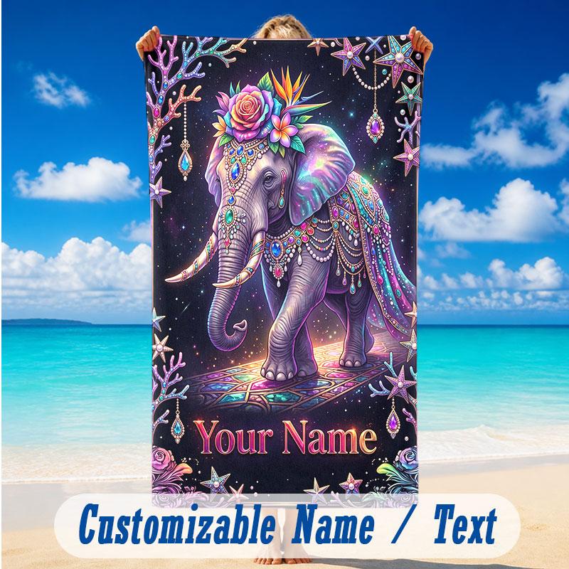 Elephant Theme Beach Towel Personalized Custom Name & Text Soft Quick Dry Beach Towel for Swimming Travel