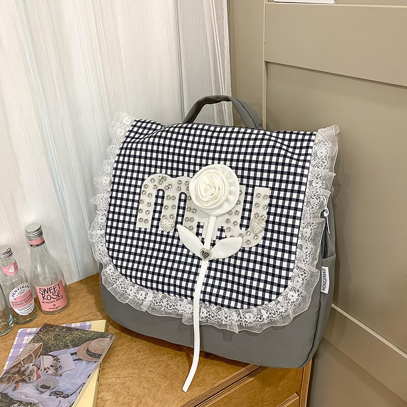 Корейский дофаминовый кружевной клетчатый рюкзак женский новый высококачественный школьный рюкзак женский универсальный нишевый рюкзак женский single bag (without pendant) серый