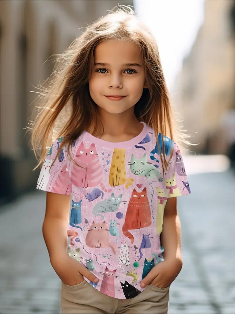 Kinderkleidung Kinder T-Shirt Mädchen Kurzarm Top Cartoon Katze Kawaii Mädchen Sommerkleidung Kinder T-Shirt Kinderkleidung
