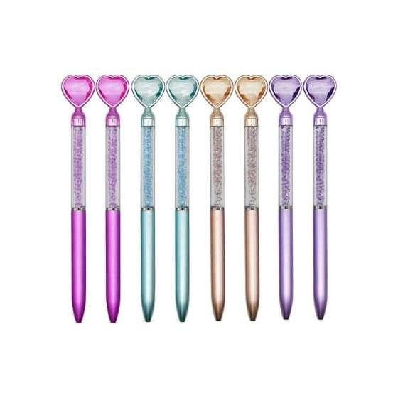 Heart Crystal Ballpoint Pen Set, 8 Count, 0.5mm Black Ink, Glittery, Cute, Oil-Based Pens, Stylish Stationery for Students, Girls, Gifts, Party