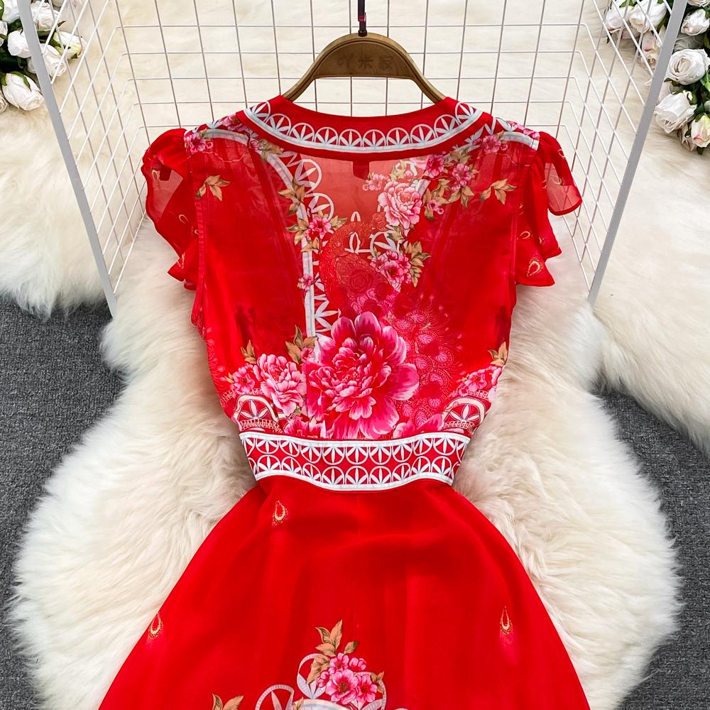 Fashion Runway Print Summer Dresses For Women Deep V Neck Flying Sleeve Single Breasted Split Long Pleated Chiffon Dresses