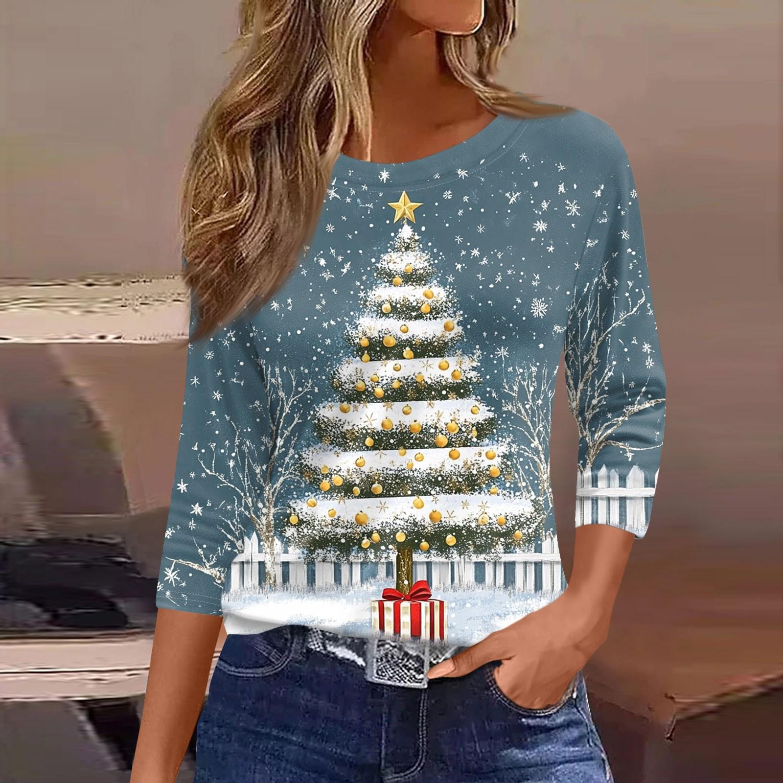

Жіноча футболка з сімома рукавами та круглим вирізом Вільна різдвяна футболка зі сніговиком і ялинкою з принтом XL