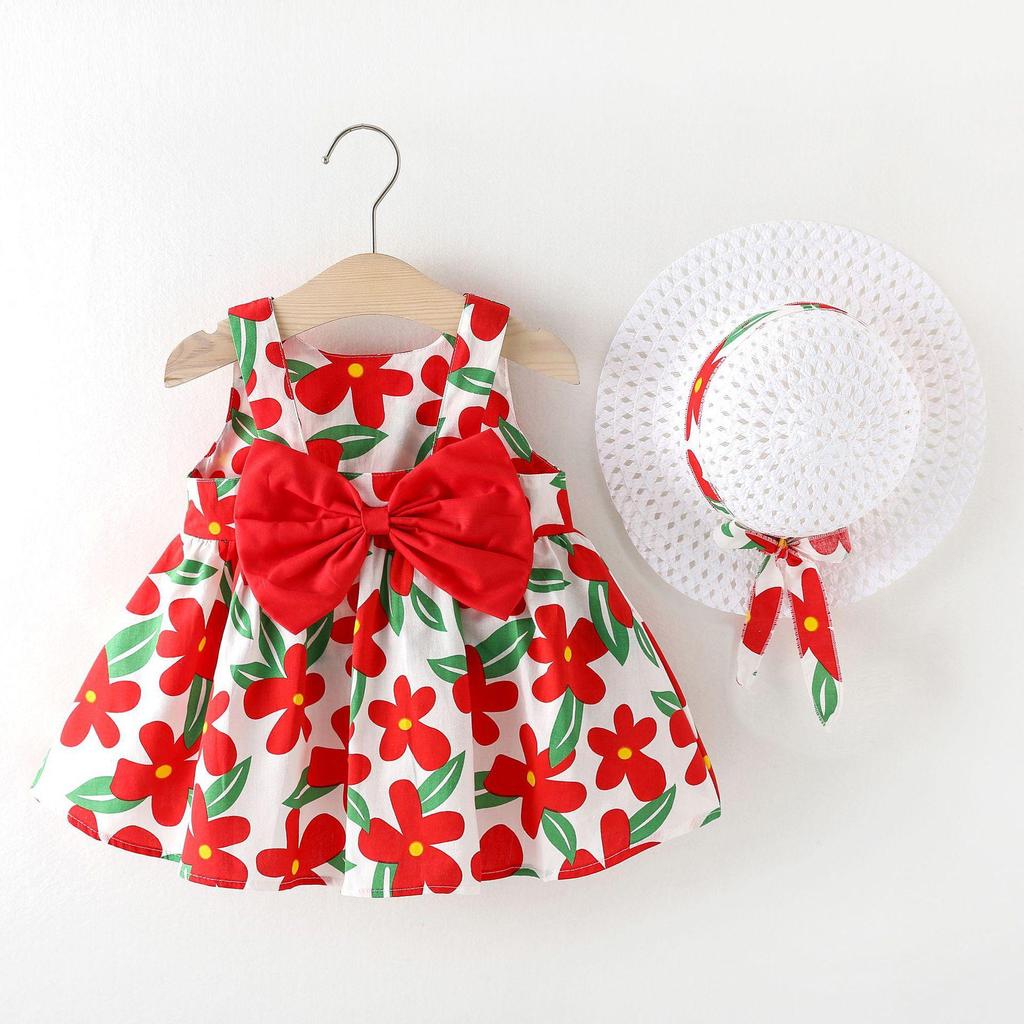 A749 Summer Baby Girl Princess Dress with Big Bow & Flower Skirt, Includes Hat, for Ages 1-4