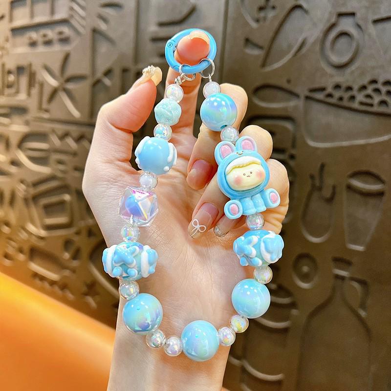 Cute Cartoon Beaded Lanyard & Wrist Strap with Keyring and Bag Charm for Little Girls