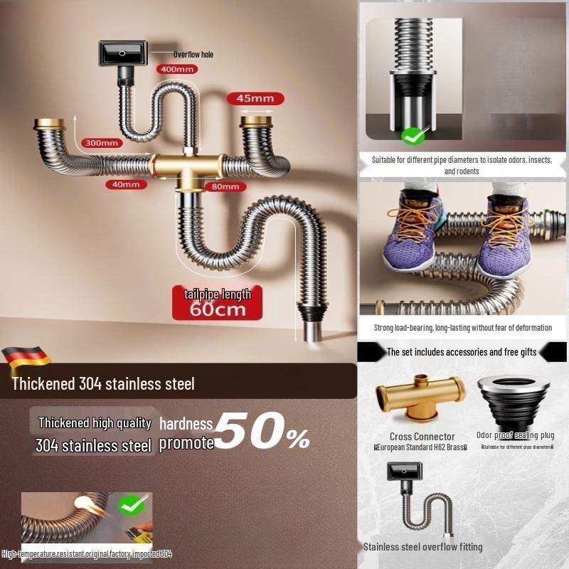 Universal Stainless Steel Sink Drain Pipe Kit