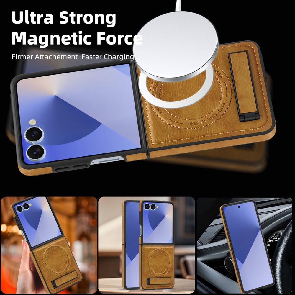 KEYSION Luxus PU Leder Magnetische Hülle für MagSafe für Samsung Galaxy Z Flip 7 5G 7 SE Ständer Kabelloses Laden Handyhülle