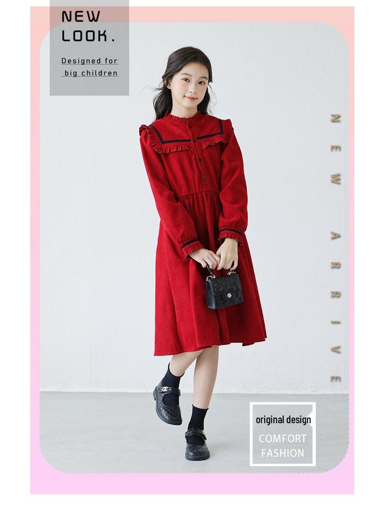 Girls' Red Ruffle Stand Collar Long Sleeve Waist-Hugging Dress for Autumn