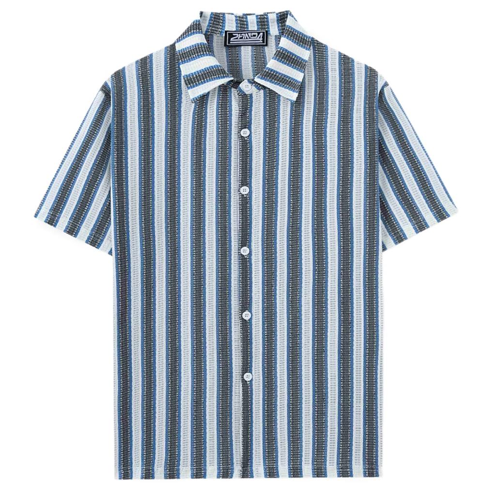 Men's Summer Beach Casual Shirt Yarn-dyed Striped Short-sleeved Lapel Shirt