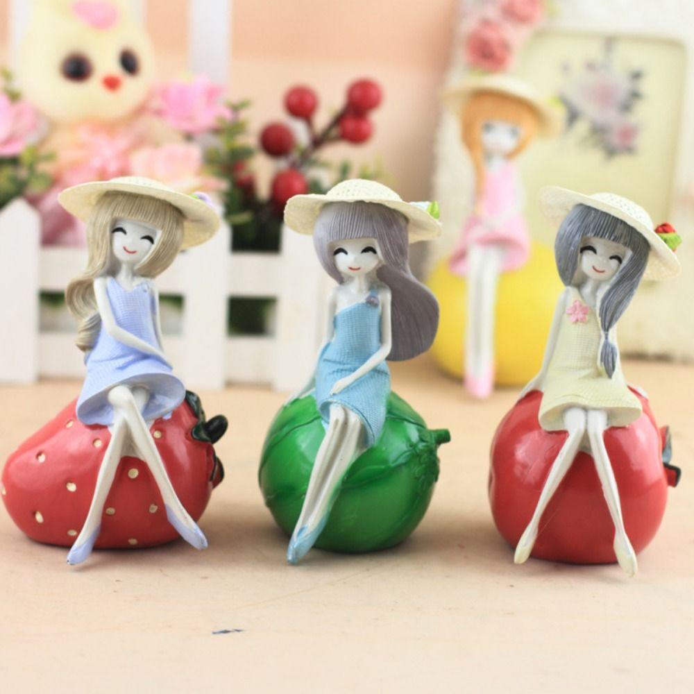 Creative Cute Fruit Girl Figurines Resin Crafts Cartoon Fruit Doll Ornaments Jelly Color Girl Car Accessories Decor Gifts