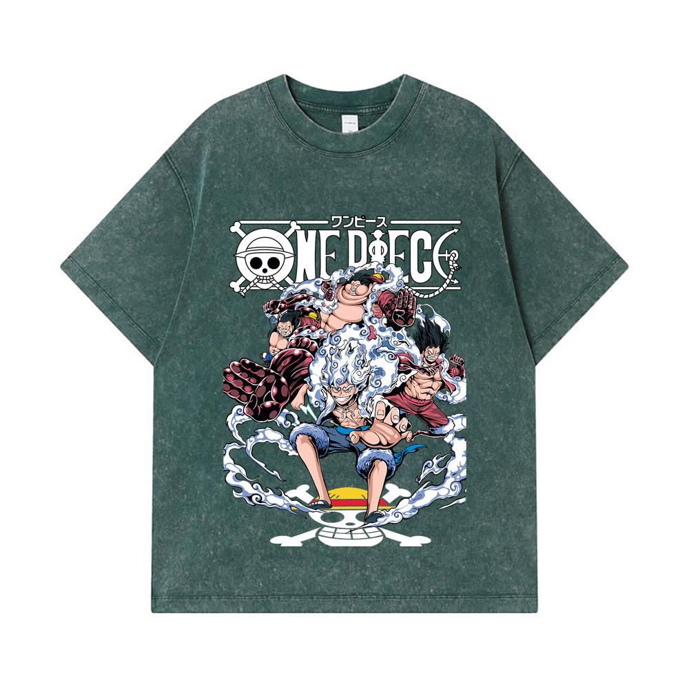 275 GSM Washed T-shirts 100% Cotton One Piece V30 Luffy Gears Print Unisex Heavy Cotton T Shirt