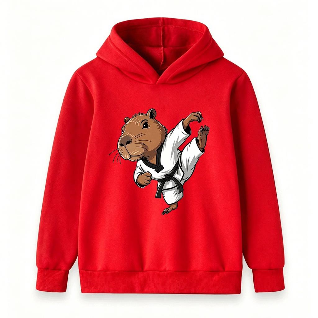 Kids Boys Girls Hoodie, Cute Capybara Taekwondo Karate Print Casual Pullover Sweatshirt for Children Daily Wear