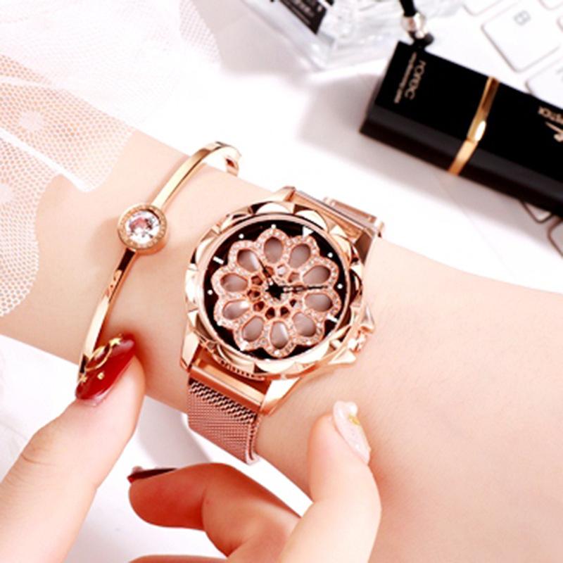 

Light Luxury 360-Degree Rotating High-End Watch Women S Fashion Diamond-Encrusted Waterproof Steel Belt Watch