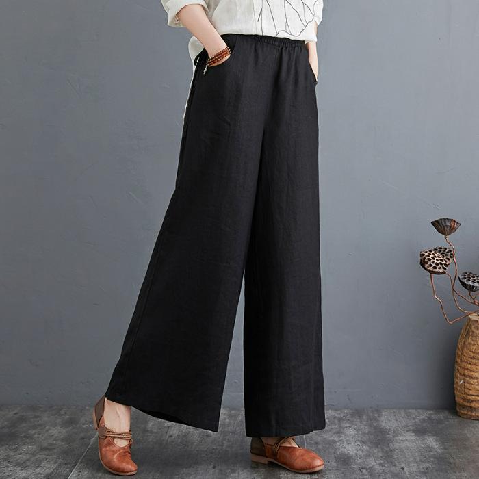 Frühlings- und Sommer-Literarische Baumwoll- und Leinenhosen Locker Große Größe Weiter Bein Hosen Hohe Taille Bodenlange Hosen Gerade Hosen Leinen Damen Hosen