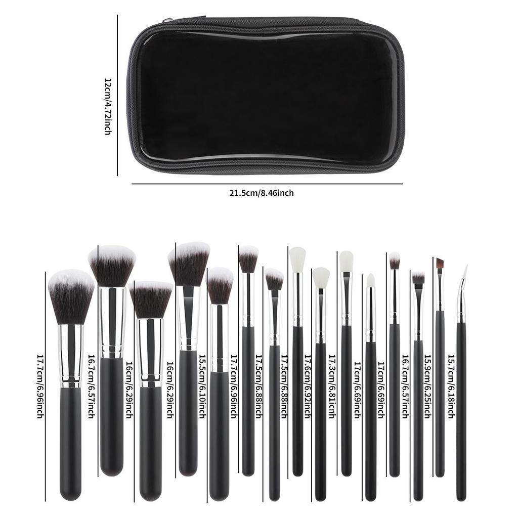 15-Piece Black & Silver Makeup Brush Set: Powder, Blush, Eyeshadow, Eyebrow & Highlighter Brushes with Soft Bristles