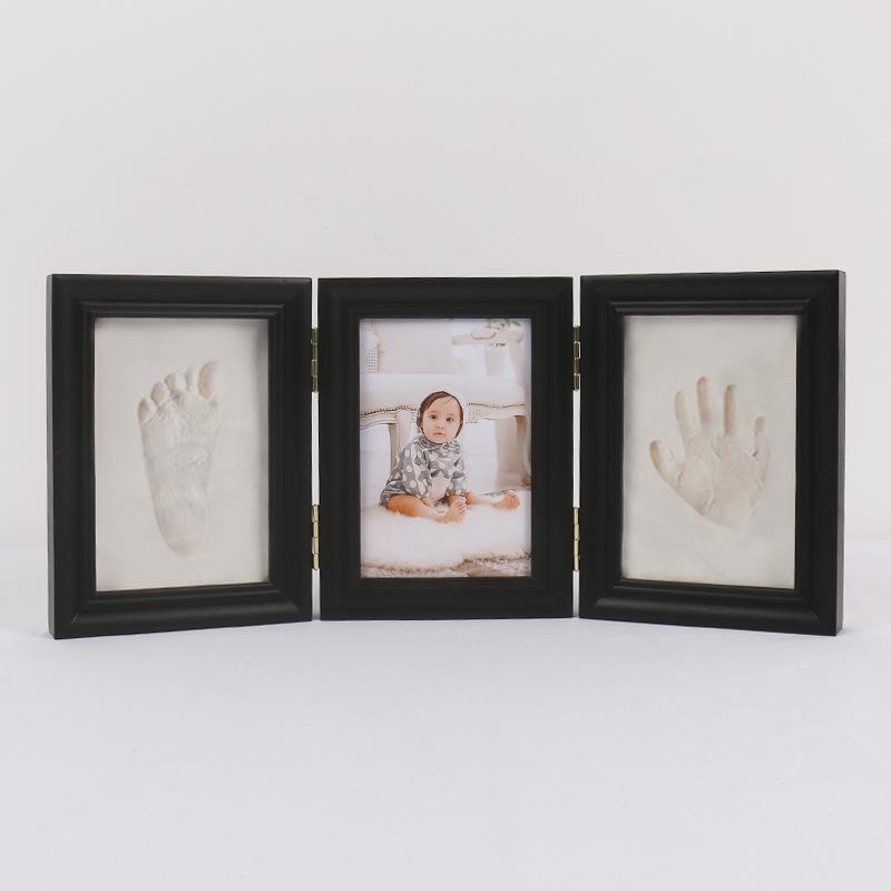 European Style Solid Wood Triple Photo Frame with Baby Hand & Footprint Ink Pad Souvenir