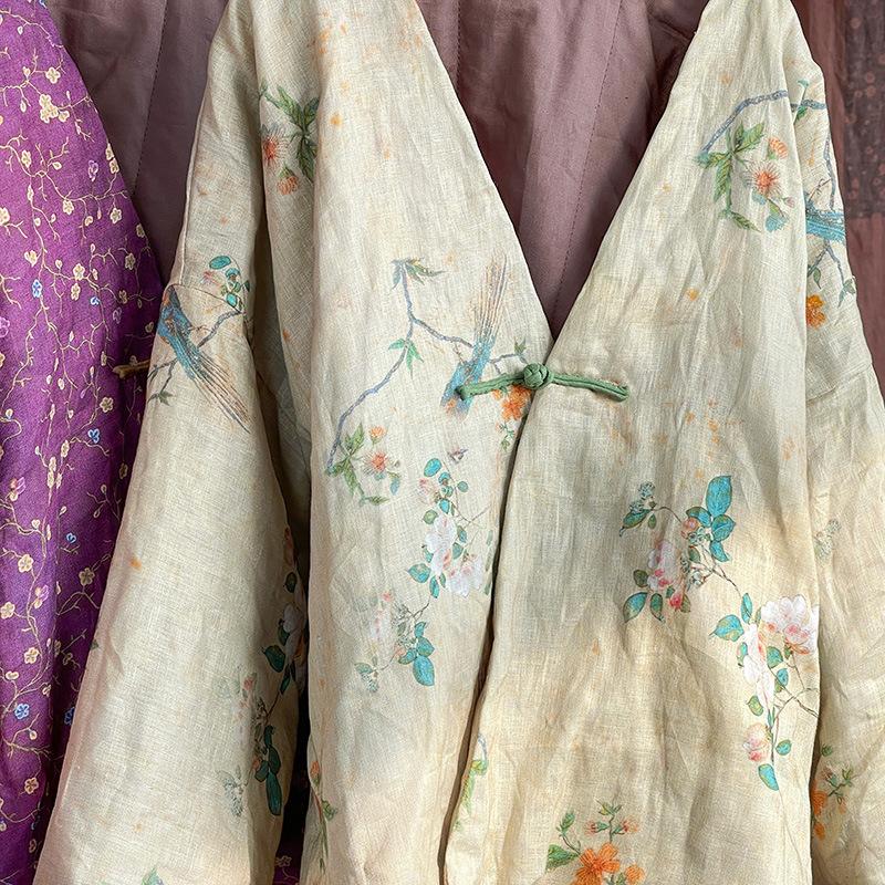Johnature Women Vintage Print Floral Parkas V-Neck Long Sleeve Warm Autumn Coats Linen Chinese Style Single Button Parkas