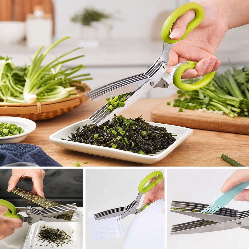 Herb Scissors - 5- Stainless Multi-Purpose Kitchen Shears for Scallions, Cilantro and Seaweed, with Cleaning Comb and Protective Cover