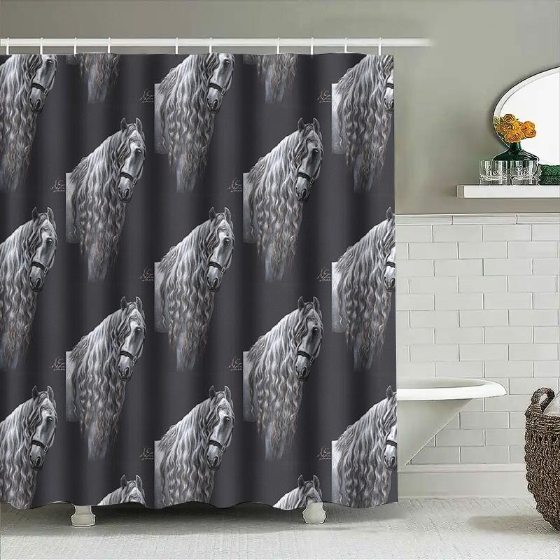 Elegant Horse Shower Curtain Black And White Equestrian Art Bathroom Decor Stallion Print Washroom Curtains Modern Farmhouse Sty