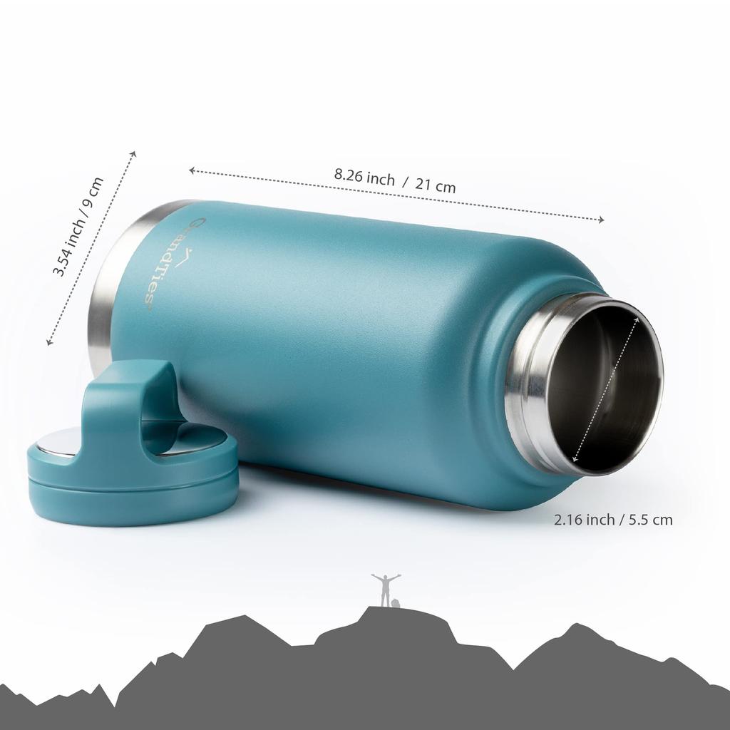 GRANDTIES Premium Vacuum Insulated Stainless Steel Wide Mouth Water Bottle, 946ml, Available In 9 Colors, Includes Two Lids & Easy-to-Clean Large