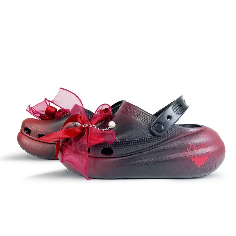 Crocs Crush Clog Puff Shoes EVA Beautifully Crafted Rose Flame Love Note Bow Ribbon Pearl Gift Box Clog Shoes Unisex Black and Red