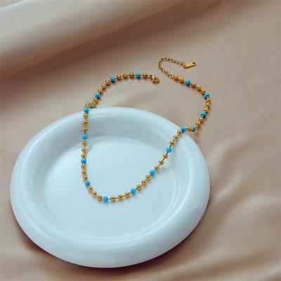 18K Gold Plated Turquoise Bead Necklace, Dainty Blue Stone Beaded Choker for Women, Trendy Summer Jewelry