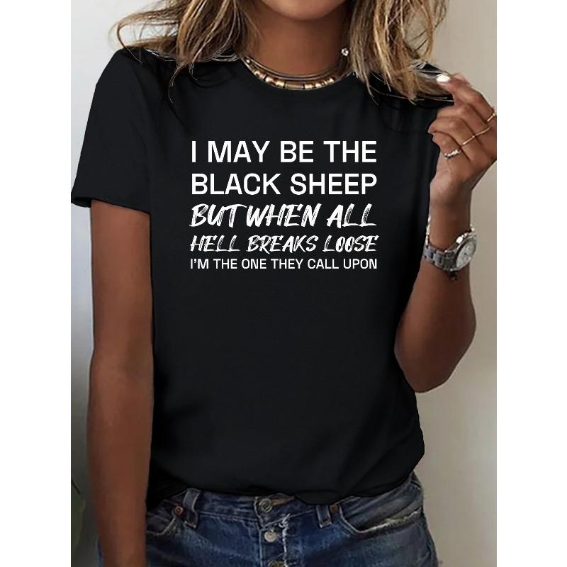 1pc Women'S Casual T-Shirt with "Black Sheep" Quote, Round Neck, Stretchy Fabric, Summer Season, Printed Graphic Tee