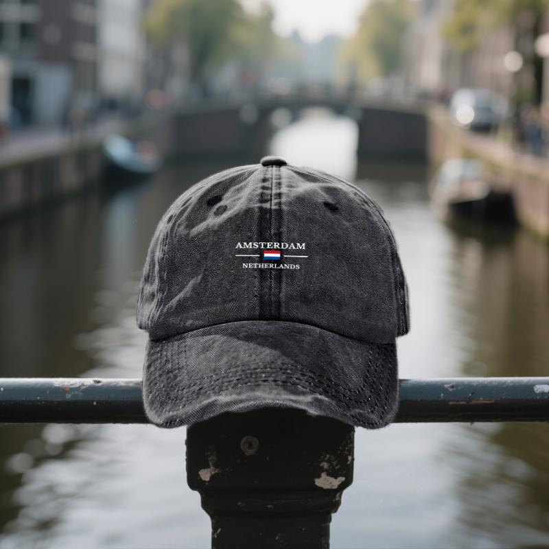 Amsterdam Gewaschene Baumwolle Baseballkappe Vintage Used Reise Souvenir Verstellbar Verstellbare Snapback Mütze Unisex Niederlande Touristen Geschenk