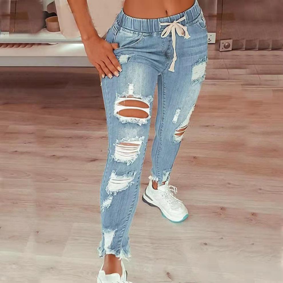 Women High Waist Skinny Stretch Ripped Jeans Destroyed Denim Pants Plus Size Small Leg Lace-Up Pants