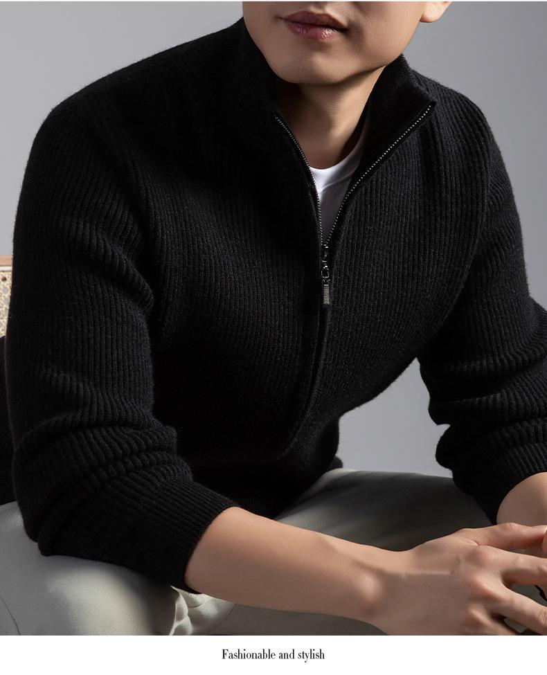 Men's Stand Collar Wool Cardigan Sweater - Casual Zipper Jacket for Autumn/Winter