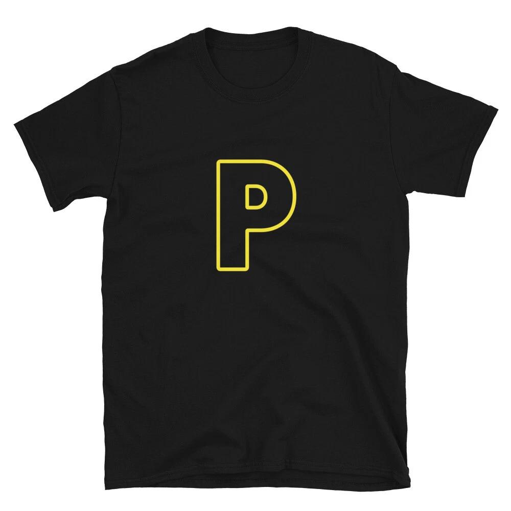 Letter P Yellow Bold Font Simple Black T-Shirt S