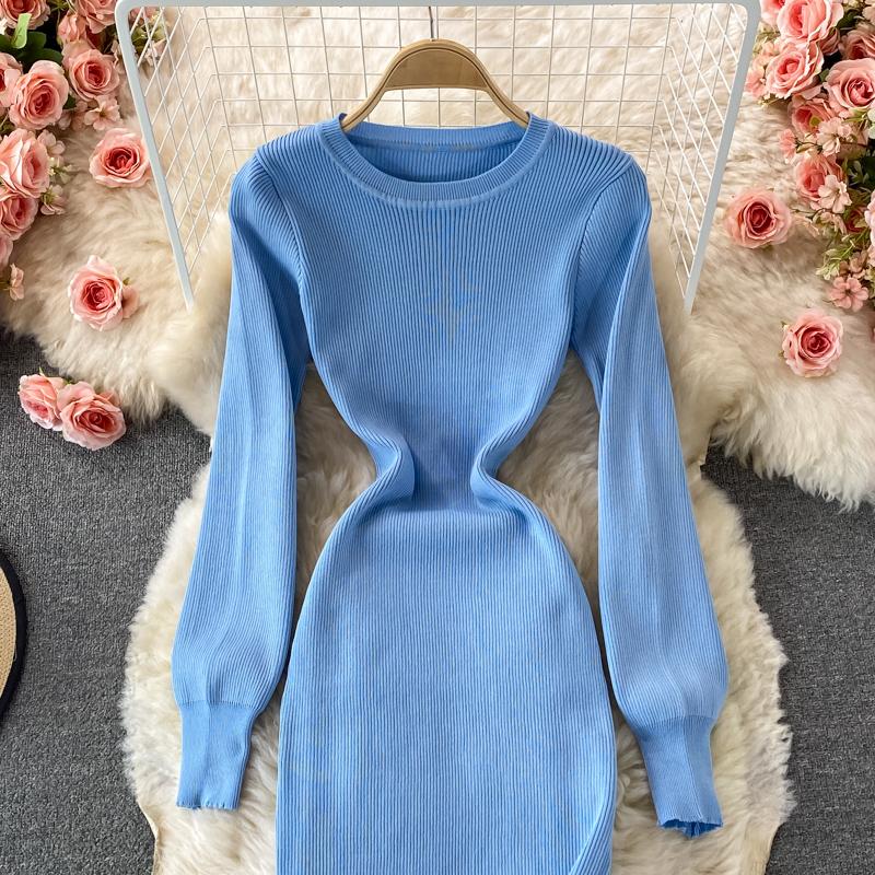 RUGOD Sexy Round Neck Knitted Slit Dress Women's New Autumn and Winter Bottoming Tight Elastic Wrap Hip Sweater Dress