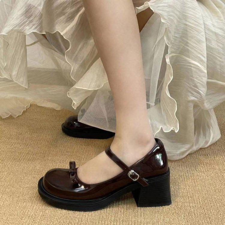 French bow Mary Jane shoes spring new retro thick sole height increase and thin jk small leather shoes