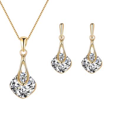 Water Drop Pendant Square Rhinestone Ear Stud Earrings Necklace Lady Jewelry Set