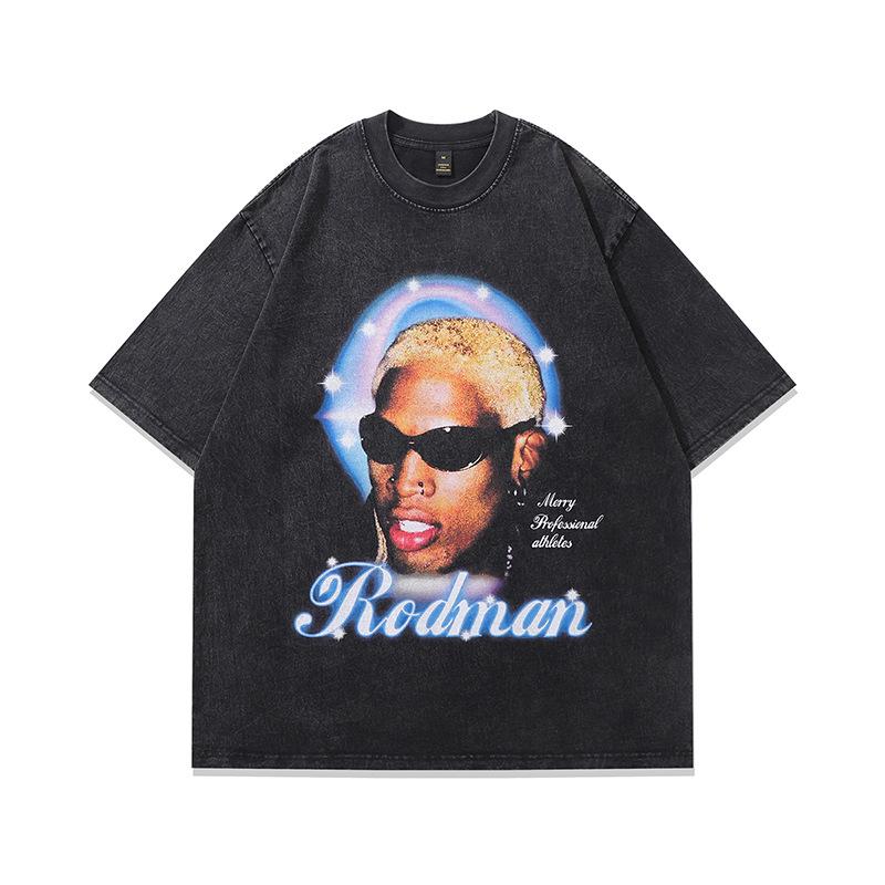 American Street Style Rodman Character Retro Short-Sleeved Men'S And Women'S Ins High Street Washed Old Loose T-Shirt