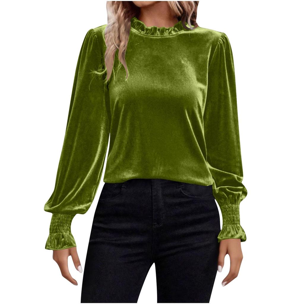 Women's Fashion Casual Round Neck Lanterned Puff Sleeve Long-Sleeved Solid Color Top