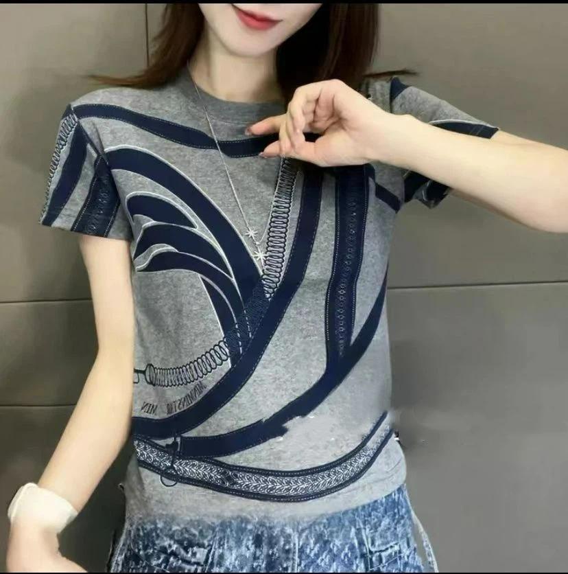 

Fashionable Line Printed High-quality Cotton Short-sleeved T-shirt for Women in Summer New Age-reducing Temperament Slimming Top S сірий колір