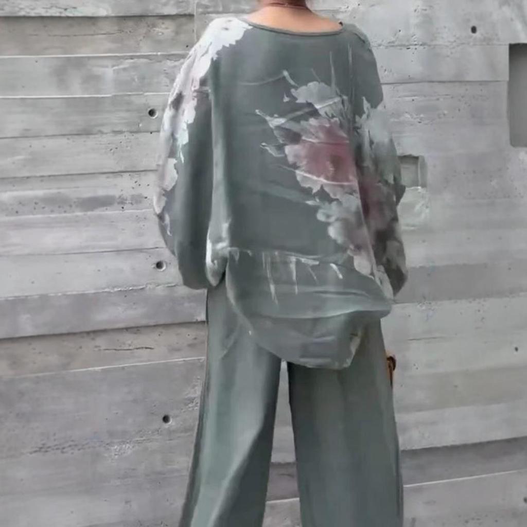 2026 Women's V-Neck Cotton Linen Print Top & Long Pants Casual Set