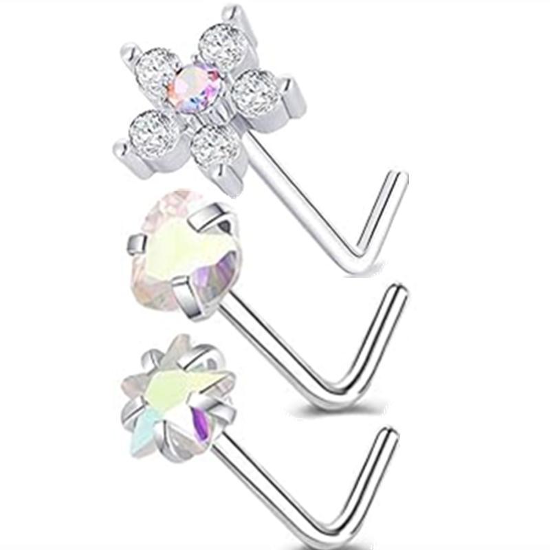 3PC Stainless Steel Flower Nose Piercing Stud Set L Shape Pink Nose Ring Studs Pack Indian Nose Jewelry Bulk Piercing Nariz Lote