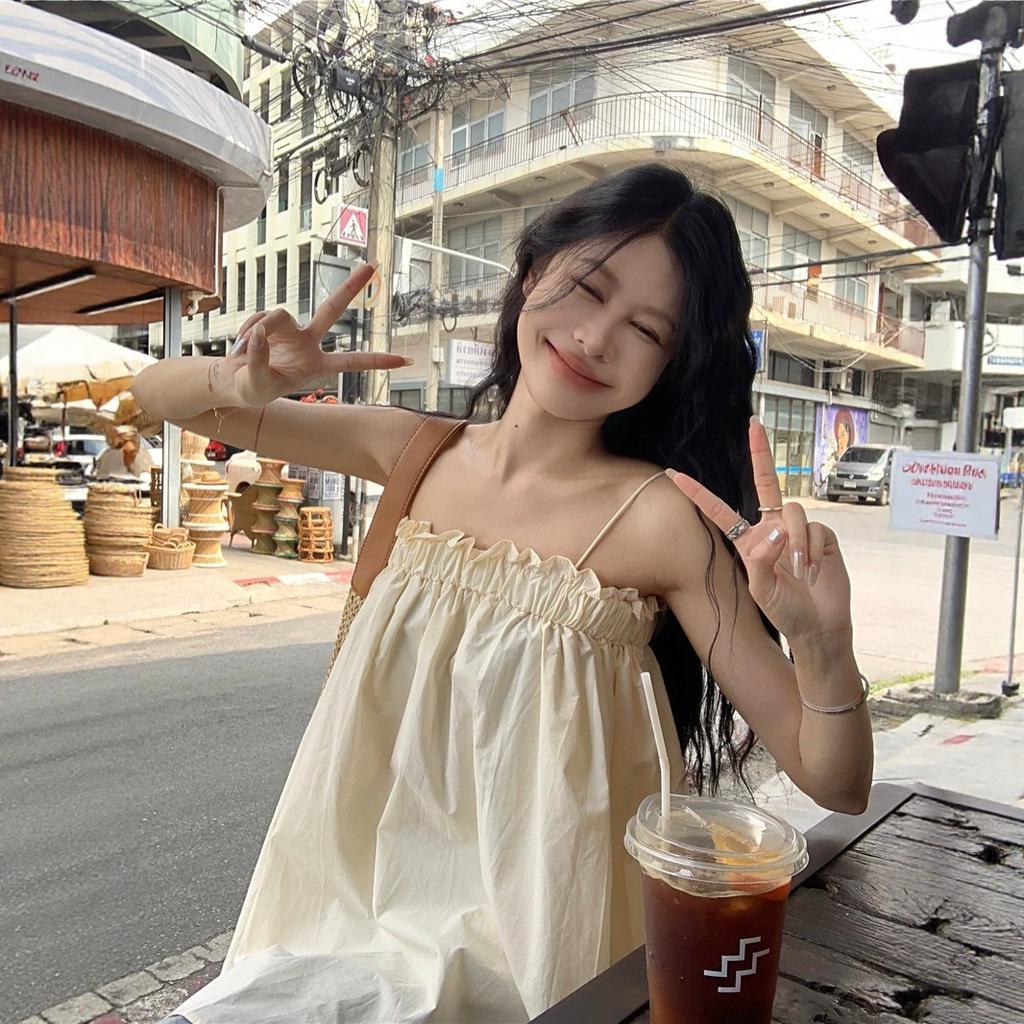 apricot one-word shoulder sling vest women's summer seaside vacation style design sense fungus edge loose medium and long top