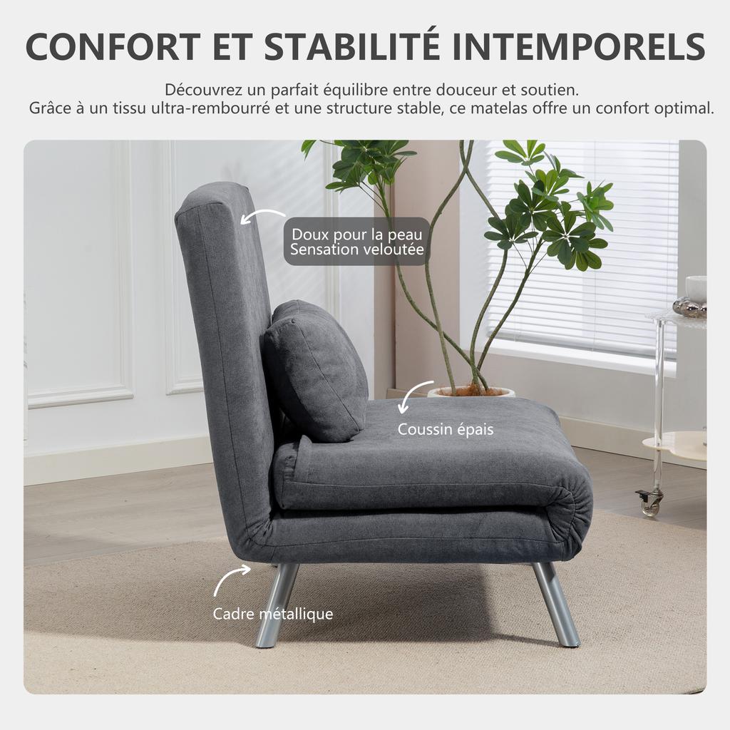 Convertible Armchair, 1-Seater, 3-in-1 Click-Clack Bed, Backrest, Pillow, Dark Grey