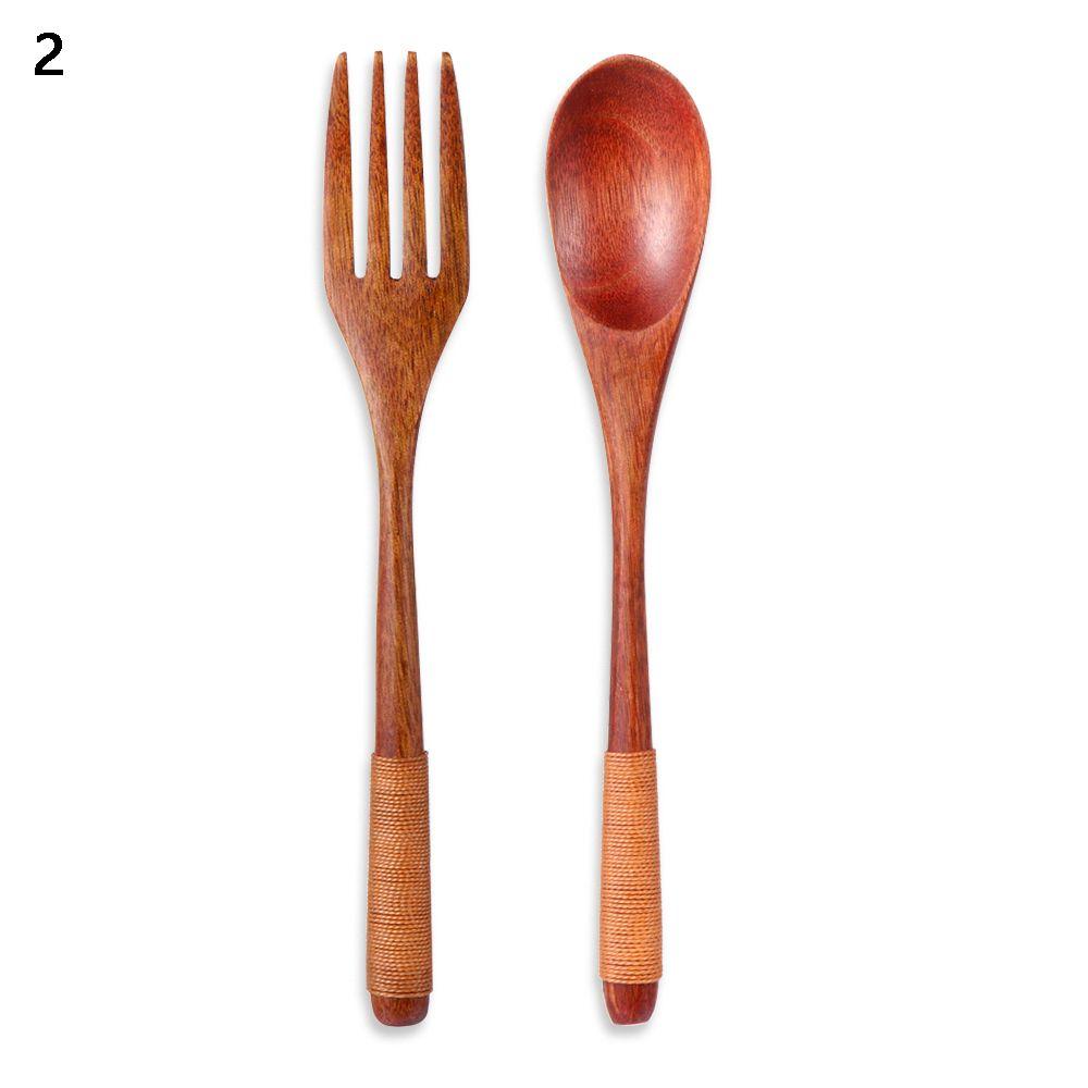 Kitchen Handmade Cloth Bag Portable Spoon Fork Wooden Natural Cutlery Set Tea Scoops