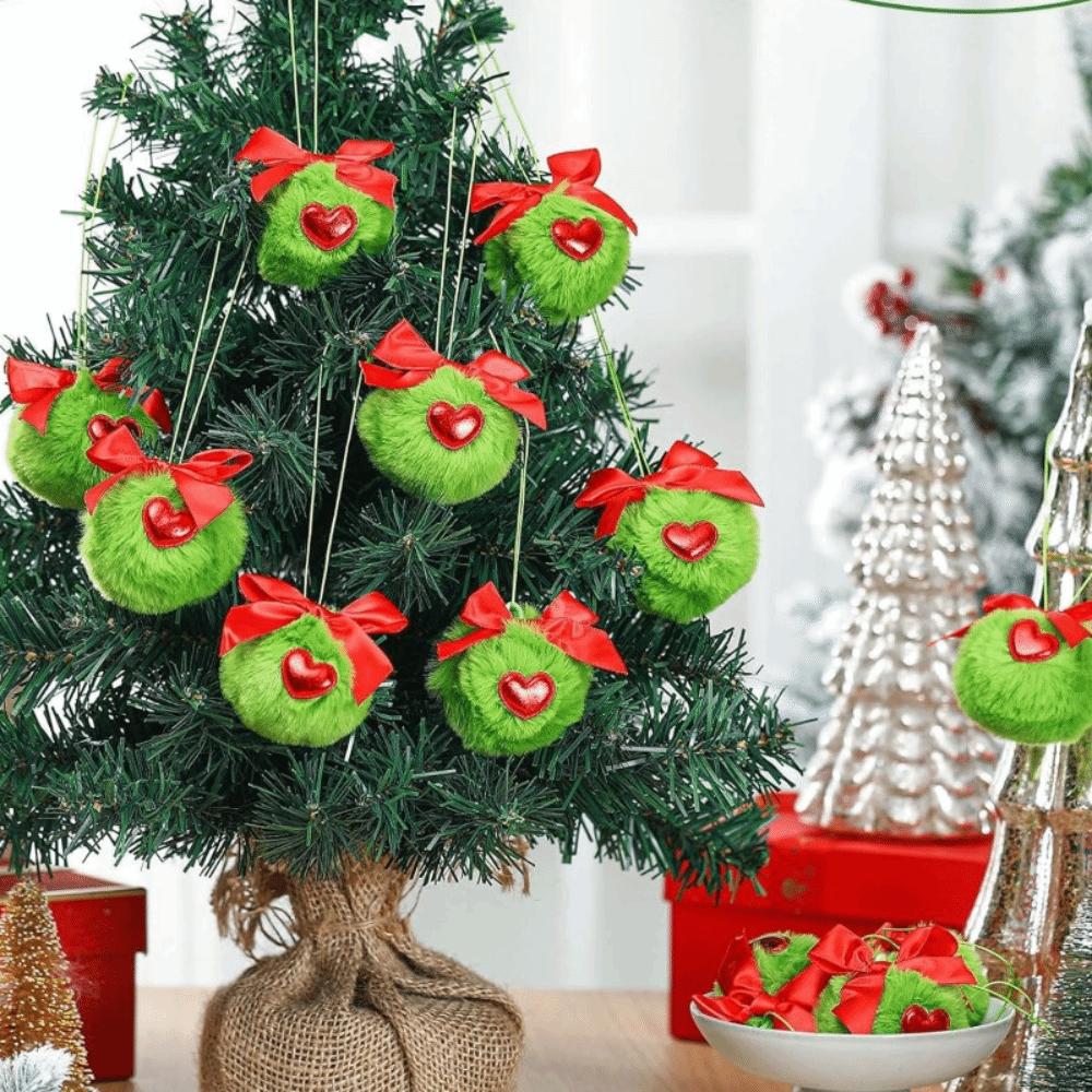 12Pcs Decorative Furry Christmas Green Elf Ball Soft 6cm Green Christmas Balls with Bow and Heart DIY Xmas Tree Pendant Window